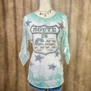Y2k Route 66 Fishnet Oversized Top Layered USA Star Print Tie Dye Indie Sleaze